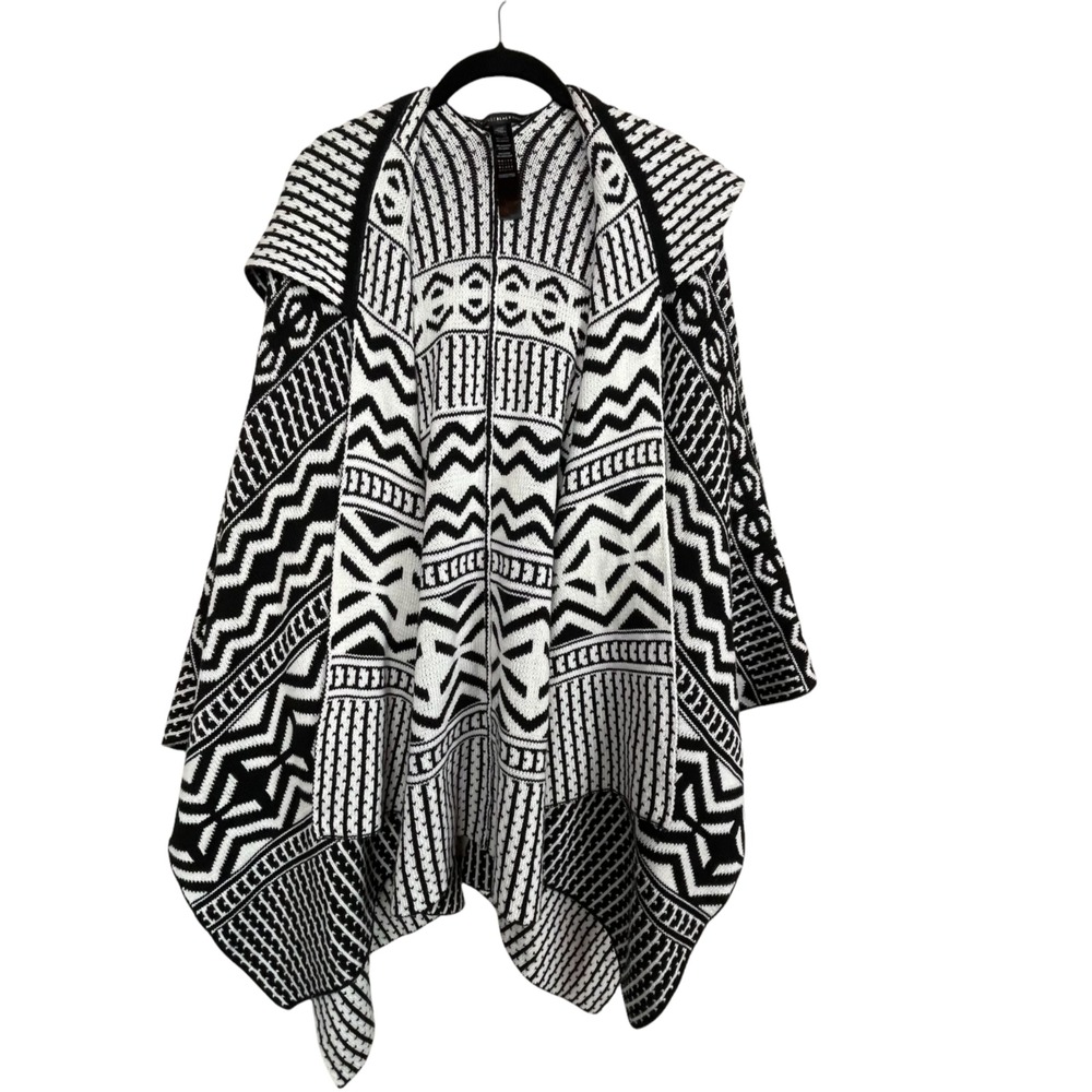 White House Black Market Size XS/S Sweater‎ Hooded Poncho Black White Tribal